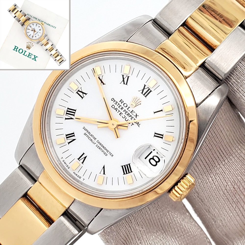 Rolex Datejust 31mm 2-tone White Roman Dial Oyster Watch 68243 Papers