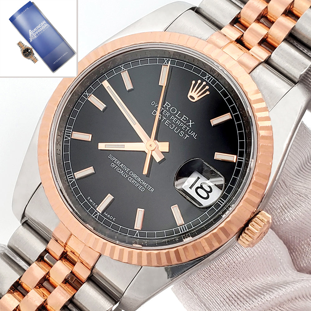 Rolex Datejust 36mm Black Index Dial Rose Gold/Steel Jubilee Watch 116231