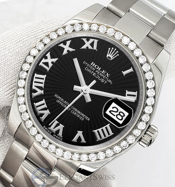 Rolex Datejust Midsize 31mm 178240 Black Sunbeam Roman Dial Watch With 0.95ct Diamond Bezel