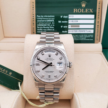 Rolex President Day-Date 36mm 118239 Factory Silver Diamond Dial White Gold Watch Box Papers