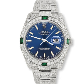 Rolex Datejust 36mm 12.4ct Diamonds Emeralds Bezel/Case/Bracelet Blue Index Dial Steel Watch Box Papers