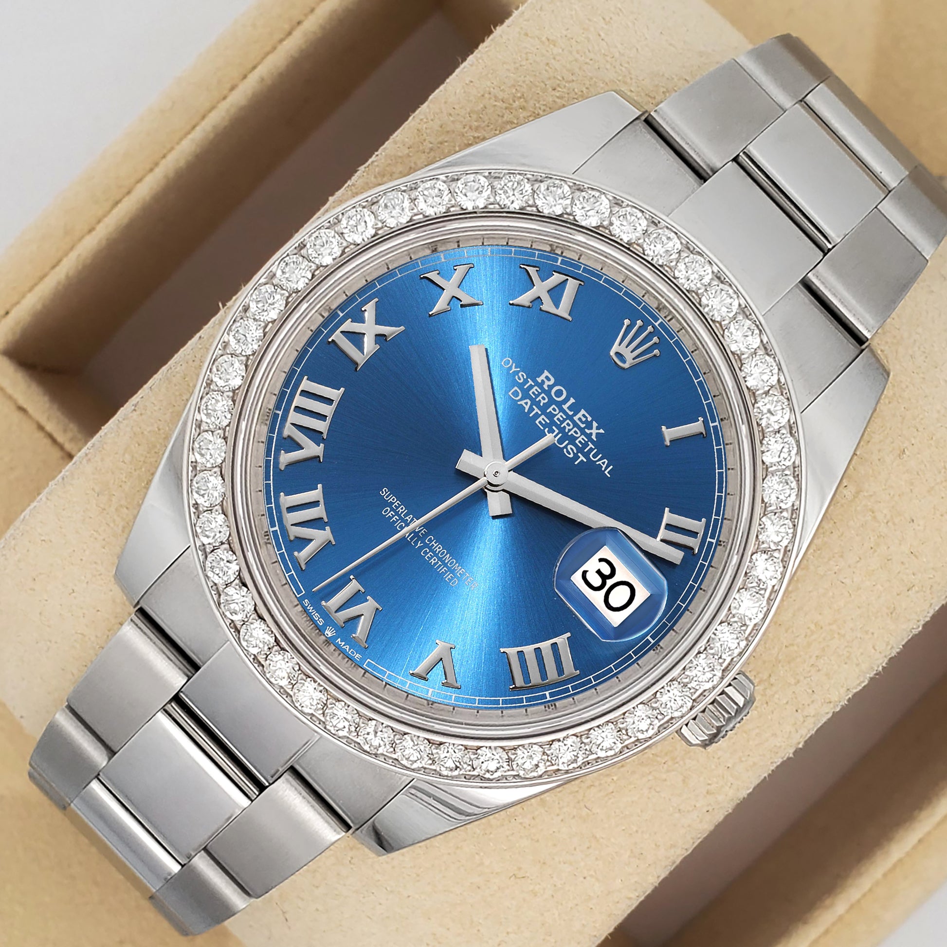 Rolex Datejust 41 126300 Blue Roman 2.4CT Diamond Bezel Steel Oyster Watch Box Papers
