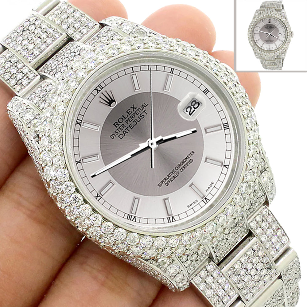 Rolex Datejust 36mm 116200 Pave 16.9CT Diamond Bezel/Case/Bracelet/Silver Tuxedo Dial Watch Box Papers