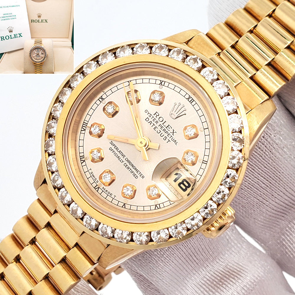 Rolex President Ladies 26mm Custom Silver Diamond Dial /Bezel Yellow Gold Watch 69178 Box Papers