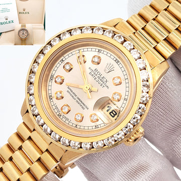 Rolex President Ladies 26mm Custom Silver Diamond Dial /Bezel Yellow Gold Watch 69178 Box Papers