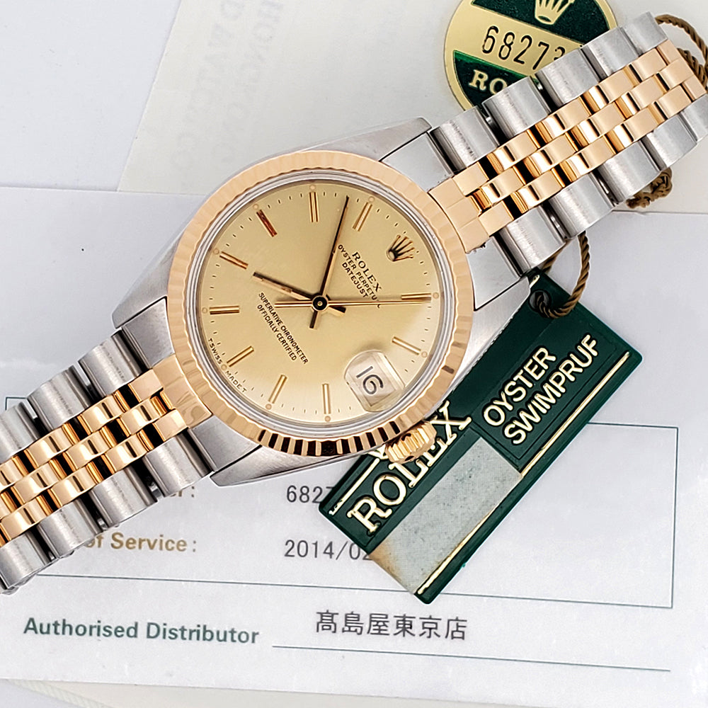 Rolex Datejust 31mm 2-tone Yellow Gold/Stainless Steel Jubilee Watch 68273 Box Papers Serviced in 2014