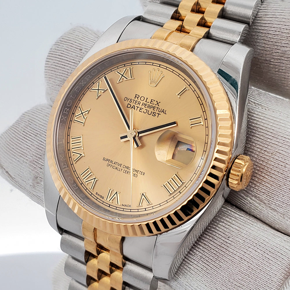 Rolex Datejust 36mm 116233 2-Tone Champagne Roman Dial Jubilee Watch Box Papers