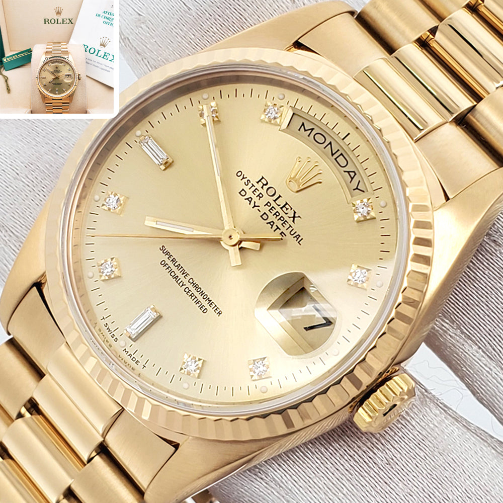 Rolex President Day-Date Factory Diamond Dial Double-Quick Yellow Gold 36mm Watch 18238 Box Papers