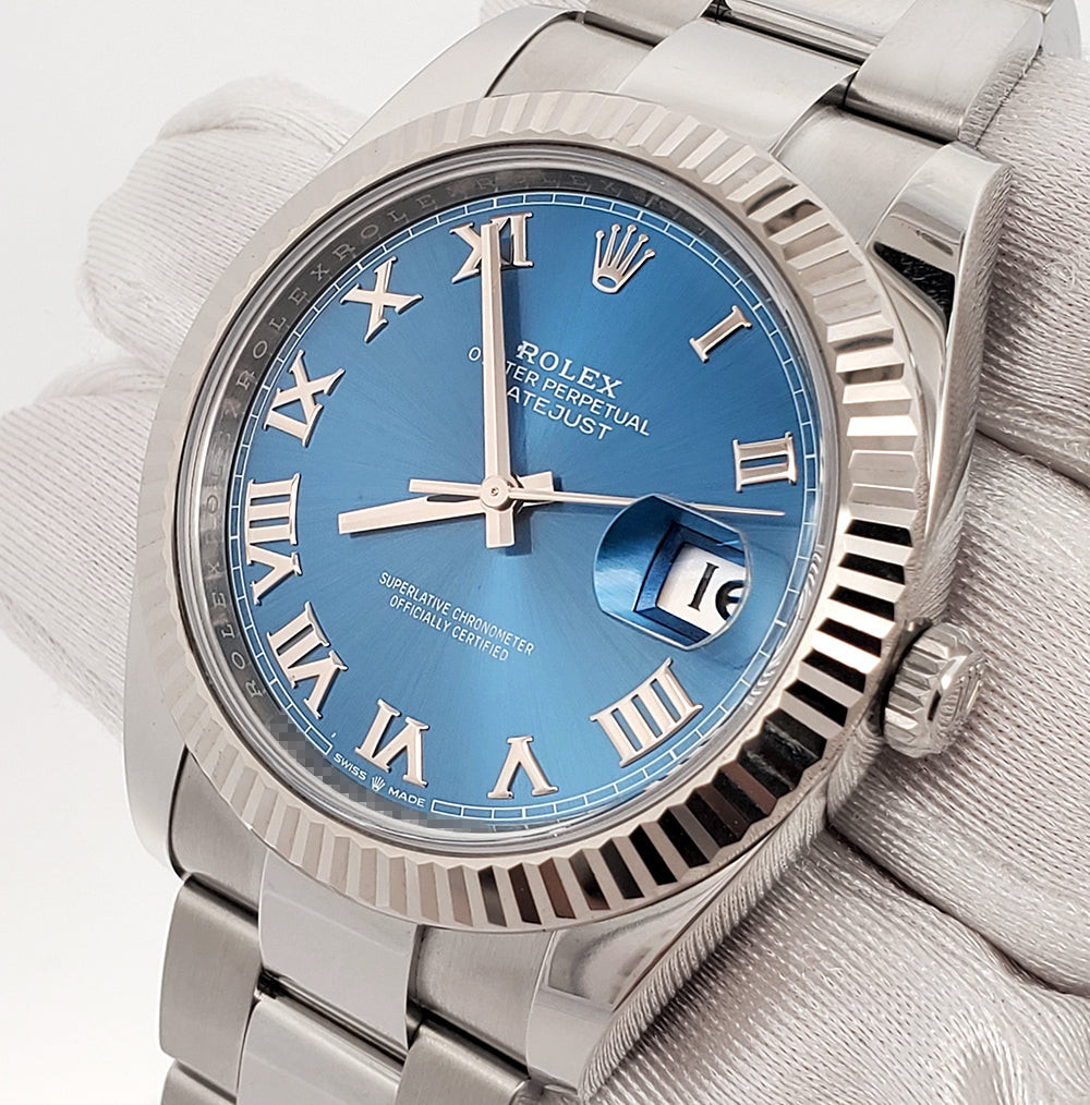 2023 Unworn Rolex Datejust 41 Blue Roman White Gold Fluted Bezel Watch 126334 Box Papers