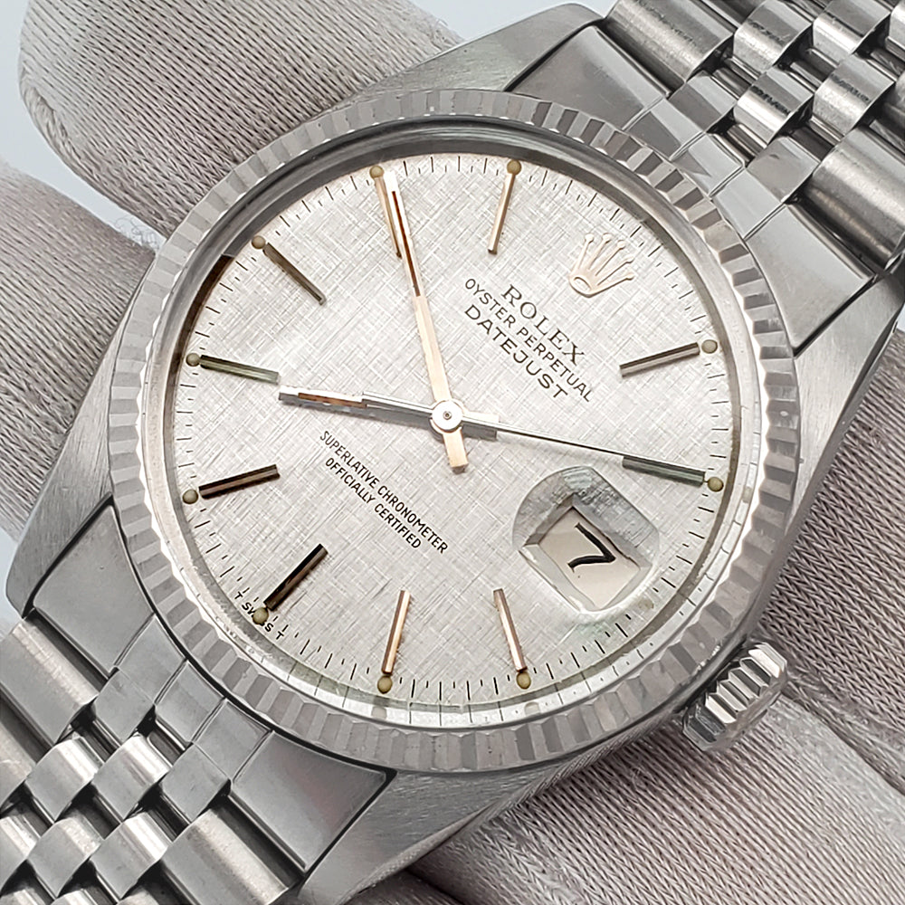 Rolex Datejust 36mm Silver Linen Index Dial White Gold Fluted Bezel Steel Jubilee Watch 16014