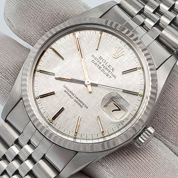 Rolex Datejust 36mm Silver Linen Index Dial White Gold Fluted Bezel Steel Jubilee Watch 16014