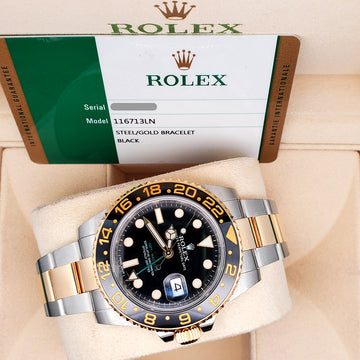 Rolex GMT-Master II 40mm Ceramic Bezel 2-Tone Yellow Gold/Steel Watch 116713LN Box Papers