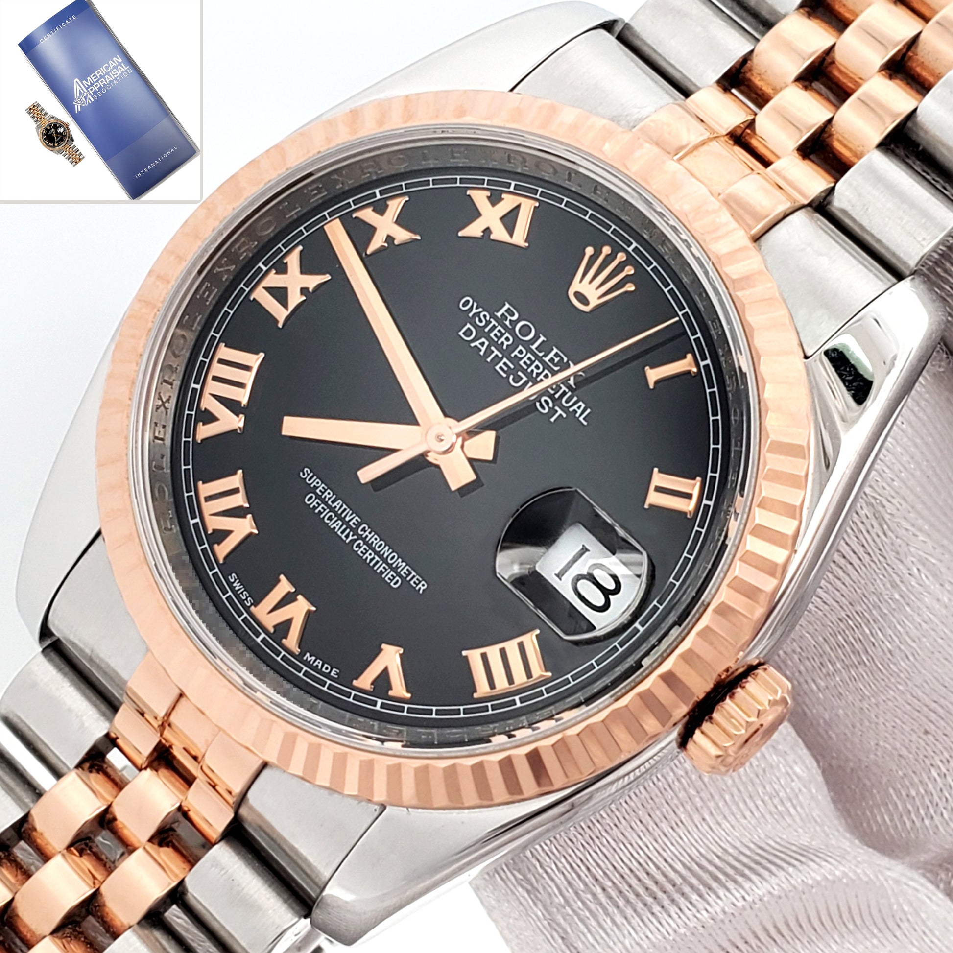 Rolex Datejust 36mm Black Roman Dial Rose Gold/Steel Jubilee Watch 116231