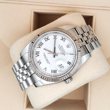 Rolex Datejust 36mm White Roman White Gold Fluted Bezel Steel Jubilee Watch 116234