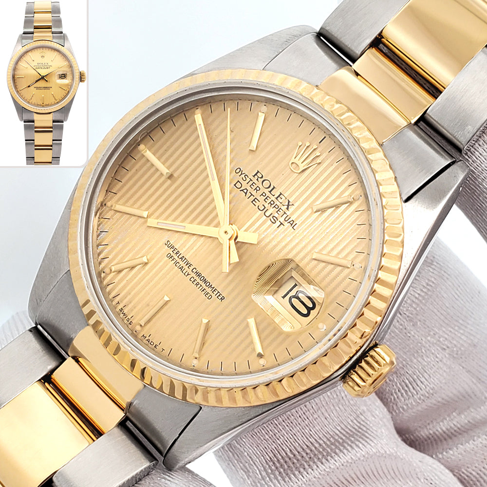 Rolex Datejust 36mm Champagne Tapestry 2-tone Yellow Gold/Steel Oyster 16013 Watch