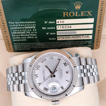 Rolex Datejust 36mm Silver Roman White Gold Fluted Bezel Steel Jubilee Watch 116234 Box Papers