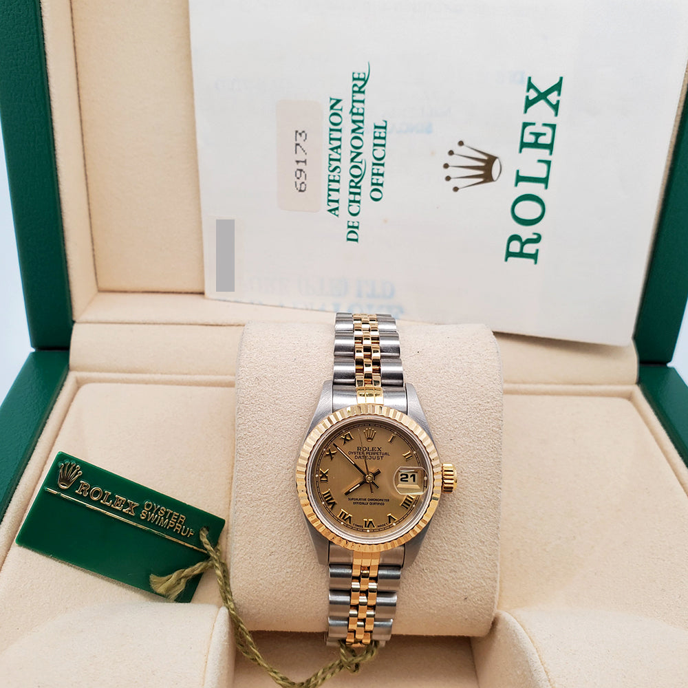 Rolex Datejust 26mm 2-Tone Champagne Roman Dial Yellow Gold/Steel Jubilee Watch 69173 Box papers