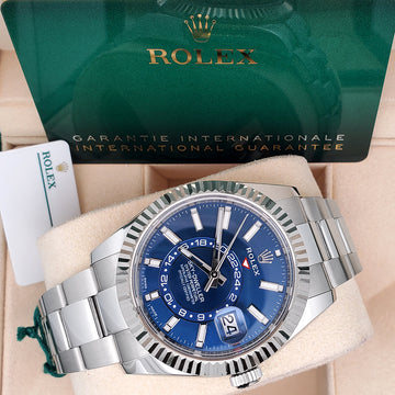 2021 Rolex Sky-Dweller 42mm 326934 Blue Index White Gold Fluted Bezel Steel Oyster Watch Box Papers