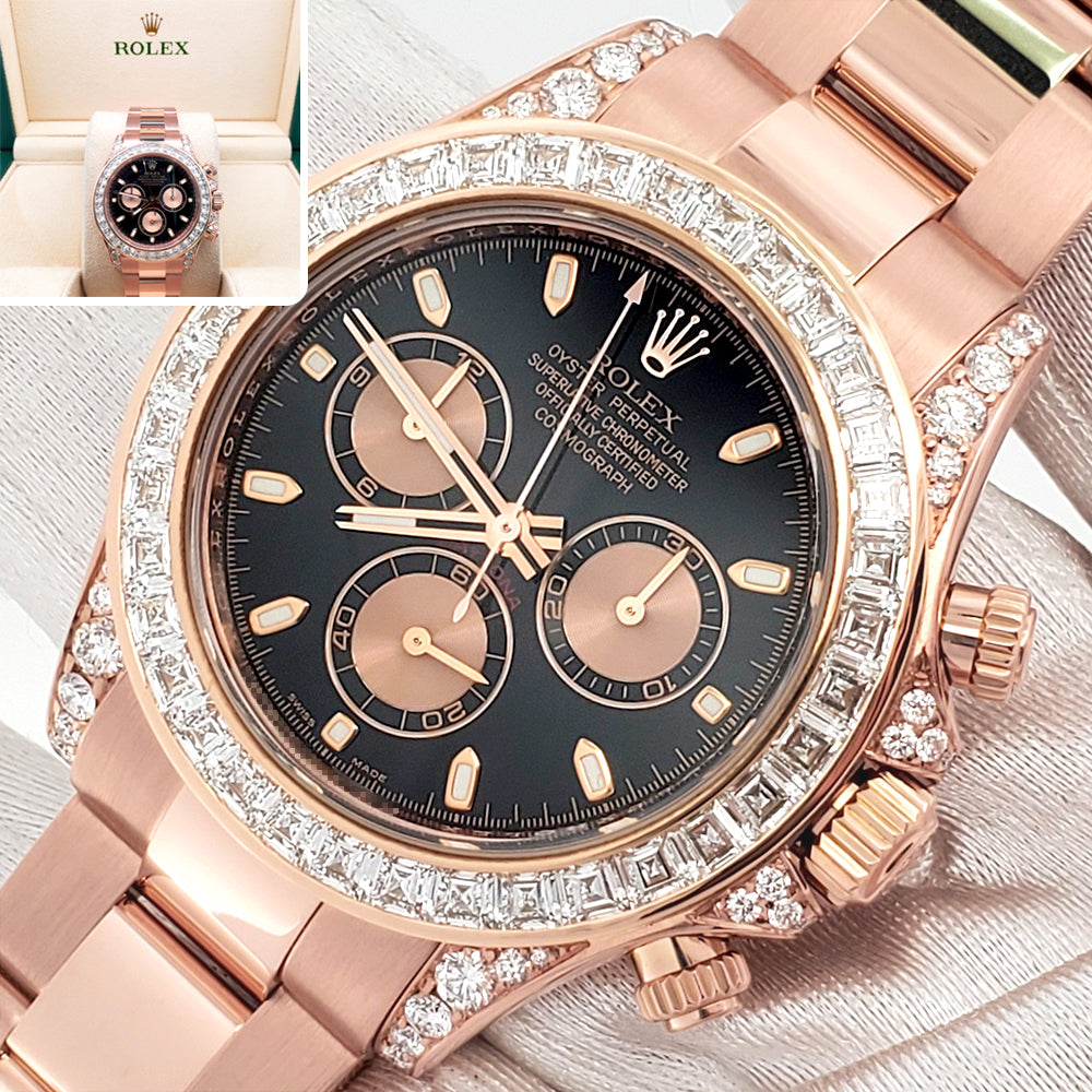 Rolex Cosmograph Daytona 8.5ct VS Princess Diamond Bezel/Lugs Rose Gold 40mm Watch 116505