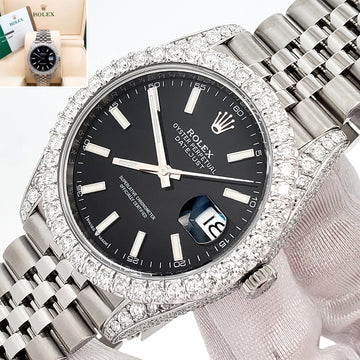 Rolex Datejust 41 5.9CT Diamond Bezel/Lugs/Sides/Black Index Dial Jubilee Watch 126300 Box Papers