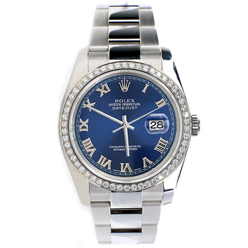 Rolex Datejust 36MM Blue Roman Dial Steel Oyster Watch with Custom Diamond Bezel 116200