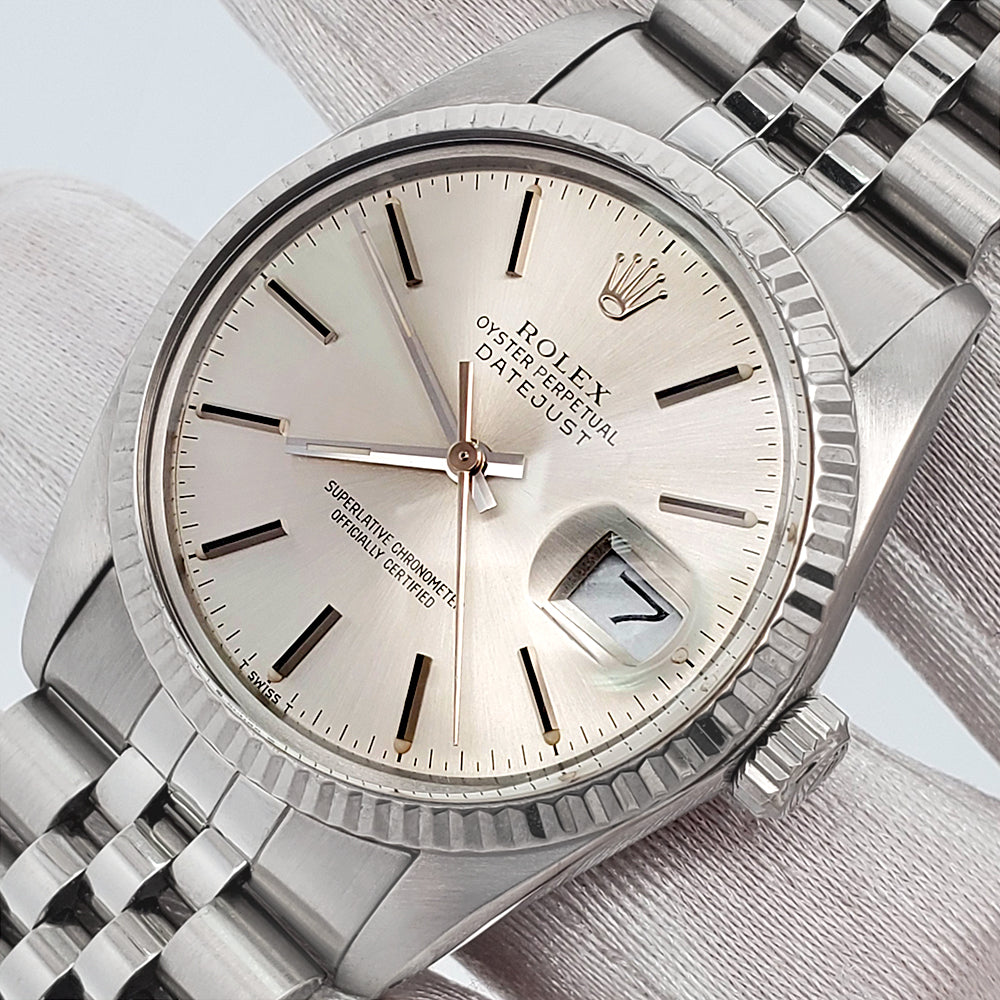 Rolex Datejust 36mm Silver Index Dial White Gold Fluted Steel Jubilee Watch 16014