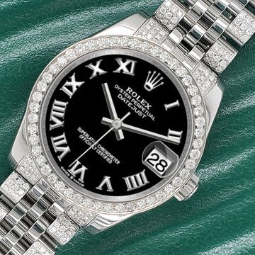 Rolex Datejust 31mm Black Roman Dial 3.30ct Diamond Bezel/Bracelet Steel Watch 178240