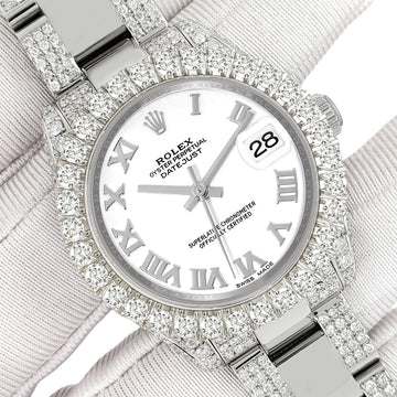 Rolex Datejust 31mm White Roman Dial Pave 7.2ct Iced Diamond Watch 178240