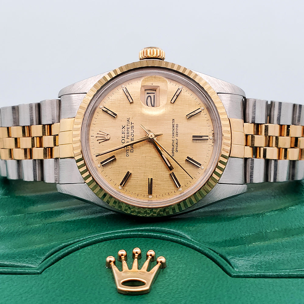 Rolex Datejust 36mm Champagne Linen Dial Fluted Yellow Gold/Steel Watch 16013