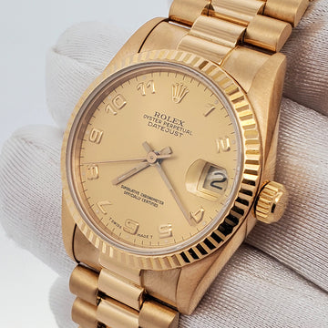 Rolex President Datejust 31mm 68278 Champagne Arabic Dial Yellow Gold Watch