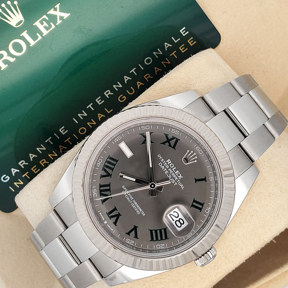 2022 Rolex Datejust 41 126334 Wimbledon White Gold Fluted Bezel Steel Watch Box Papers