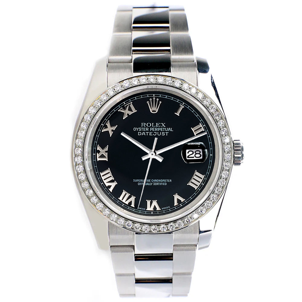 Rolex Datejust 36mm Black Roman Dial Oyster Watch with custom VS1 Diamond Bezel 116200