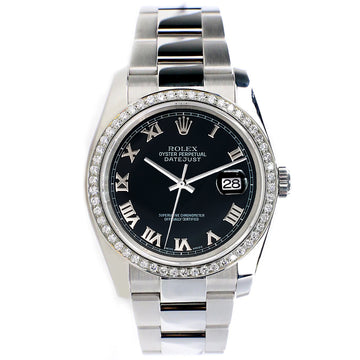 Rolex Datejust 36mm Black Roman Dial Oyster Watch with custom VS1 Diamond Bezel 116200