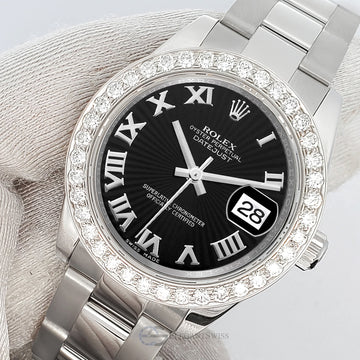Rolex Datejust Midsize 31mm 178240 Black Sunbeam Roman Dial 1.6ct Diamond Bezel Watch