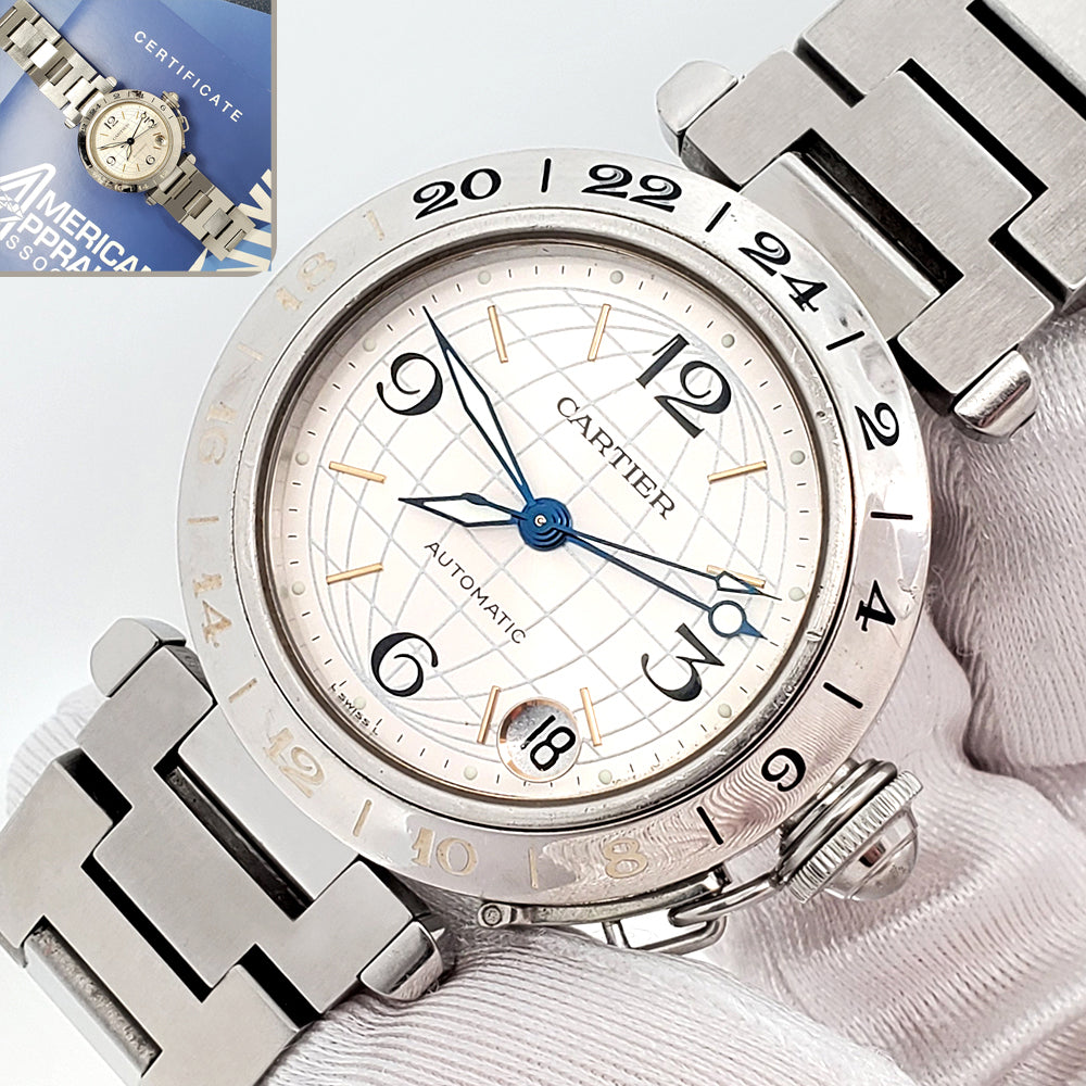 Cartier Pasha GMT Meridian 35mm Silver Grid Dial Steel Watch 2377 W31029M7