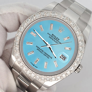 Rolex Datejust II 41mm 3.8ct Diamond Bezel/Ice Blue Dial Steel Watch 116300 Box Papers