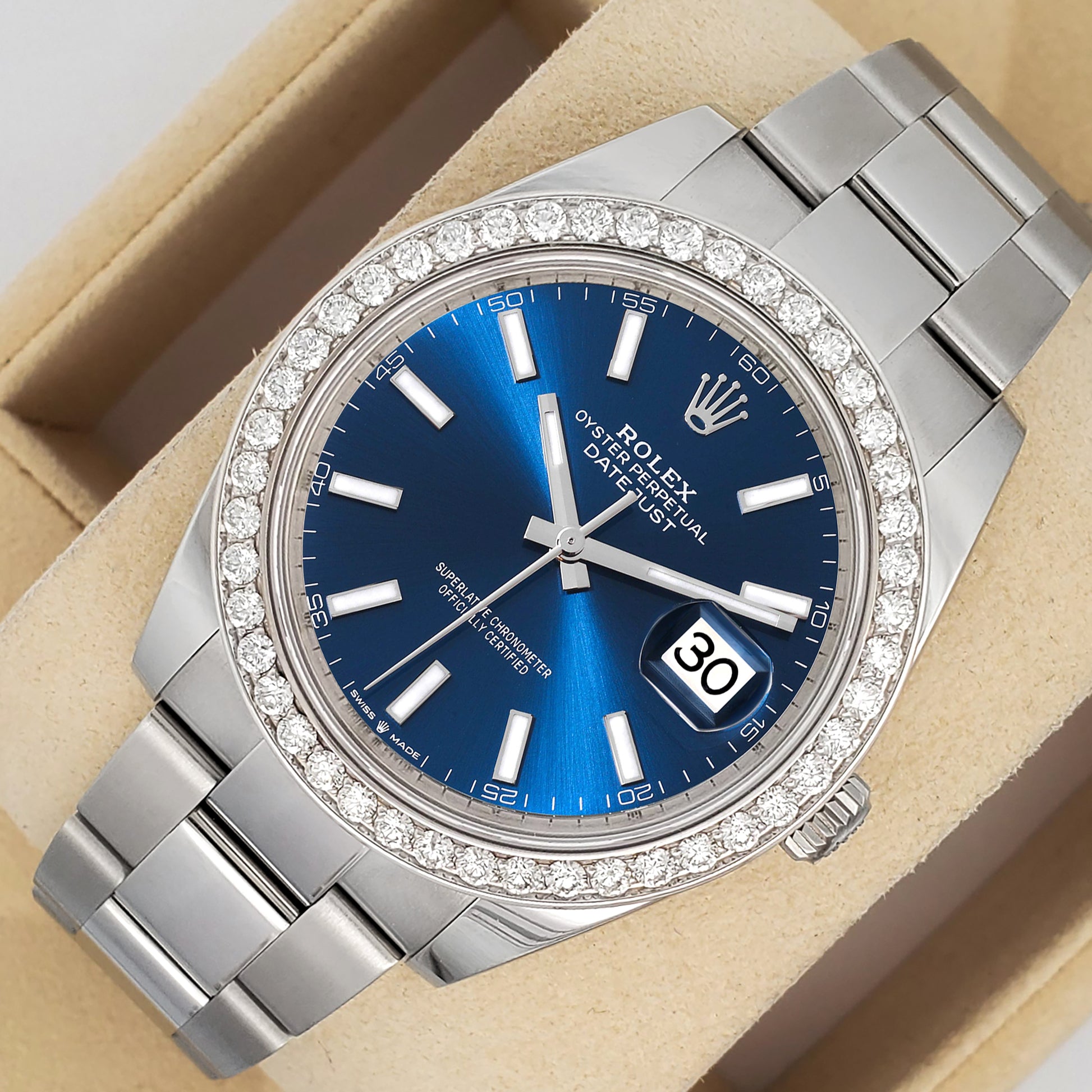 Rolex Datejust 41 126300 Blue Index 2.4CT Diamond Bezel Steel Oyster Watch Box Papers