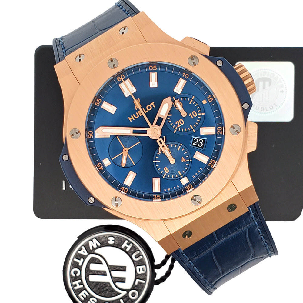 Hublot Big Bang Chronograph 44mm Blue Rose Gold Watch 301.PX.7180.LR Box Papers