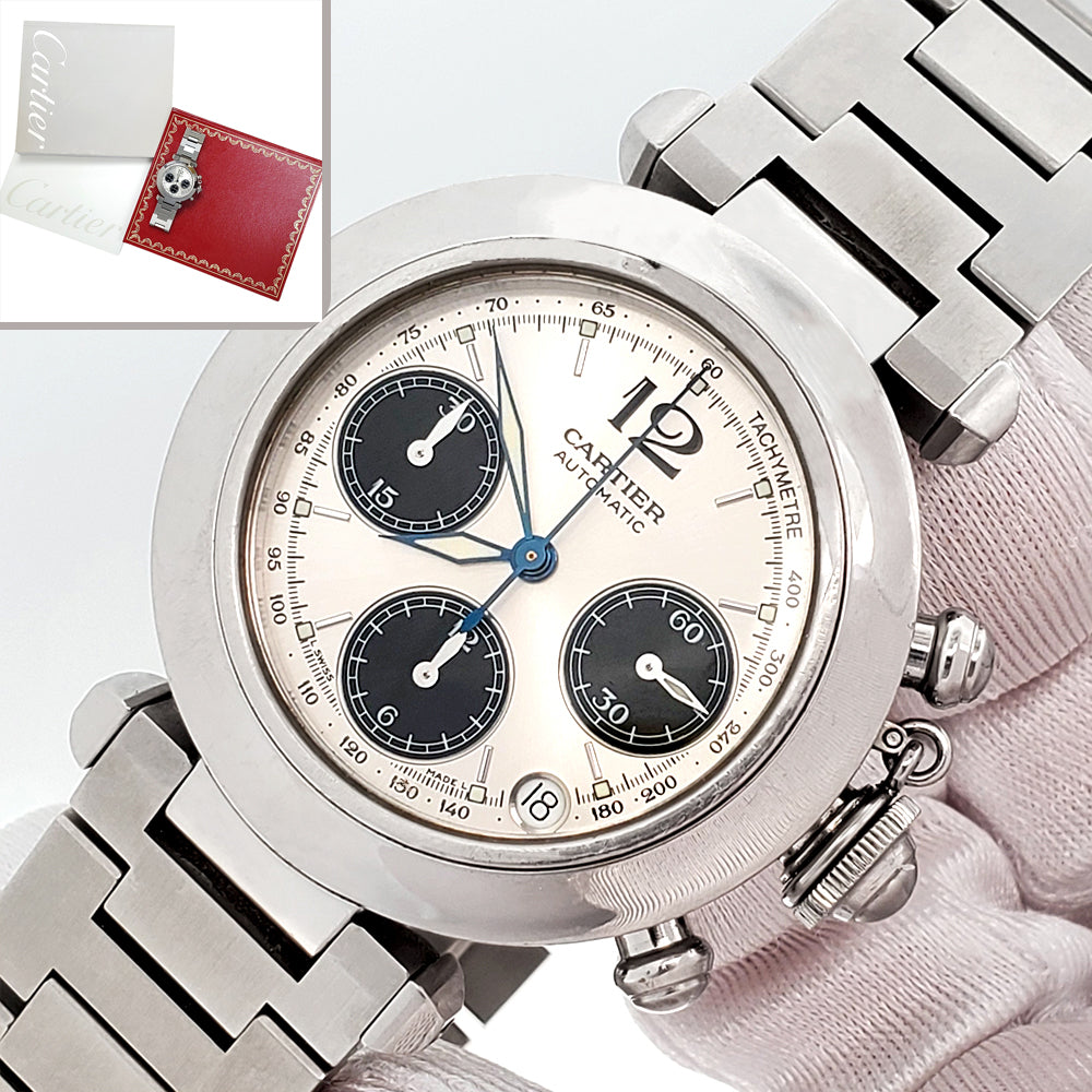 Cartier Pasha C 36mm Silver Panda Dial Chronograph Steel 2412 W31048M7 Watch Papers