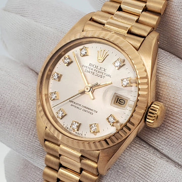 Rolex Datejust President 26mm 6917 Factory Silver Diamond Dial Yellow Gold Watch Box Papers