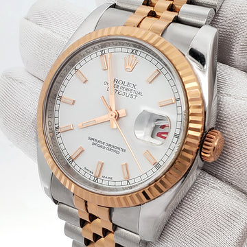 Rolex Datejust 36mm 116231 White Index Dial 2-Tone Rose Gold Fluted Jubilee Watch