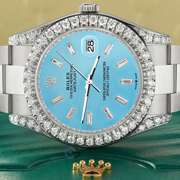 Rolex Datejust II 41mm 4.5CT Diamond Bezel/Lugs/Ice Blue Dial Steel Watch 116300 Box Papers