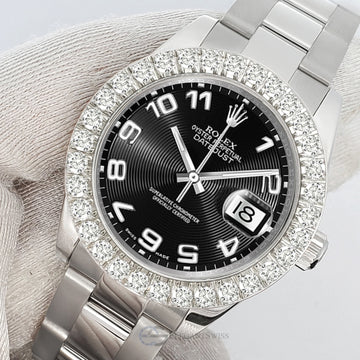 Rolex Datejust 178240 31mm Black Concentric Arabic Dial 2.25ct Diamond Bezel Steel Watch