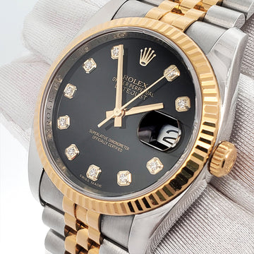 Rolex Datejust 36mm Factory Black Diamond 2-Tone Yellow Gold/Steel Jubilee Watch 116233 Box Papers