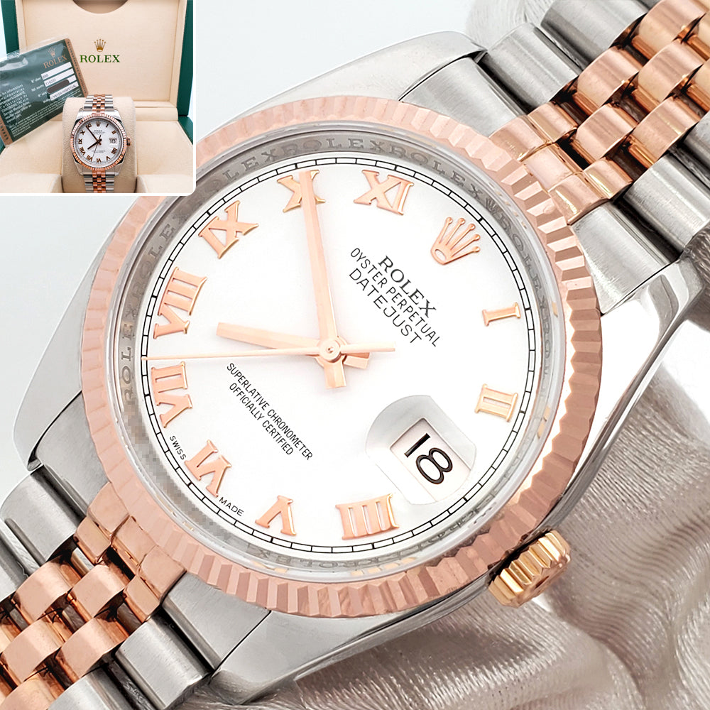 Rolex Datejust White Roman Dial 2-Tone Rose Gold/Steel Jubilee 116231 36mm Watch Box Papers
