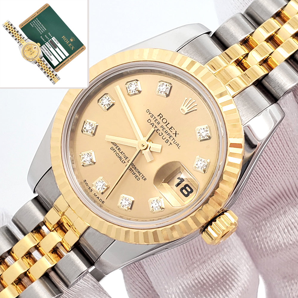 Rolex Datejust 26mm Factory Champagne Diamond Dial 2-tone Yellow/Gold Jubilee Watch 179173 Box Papers
