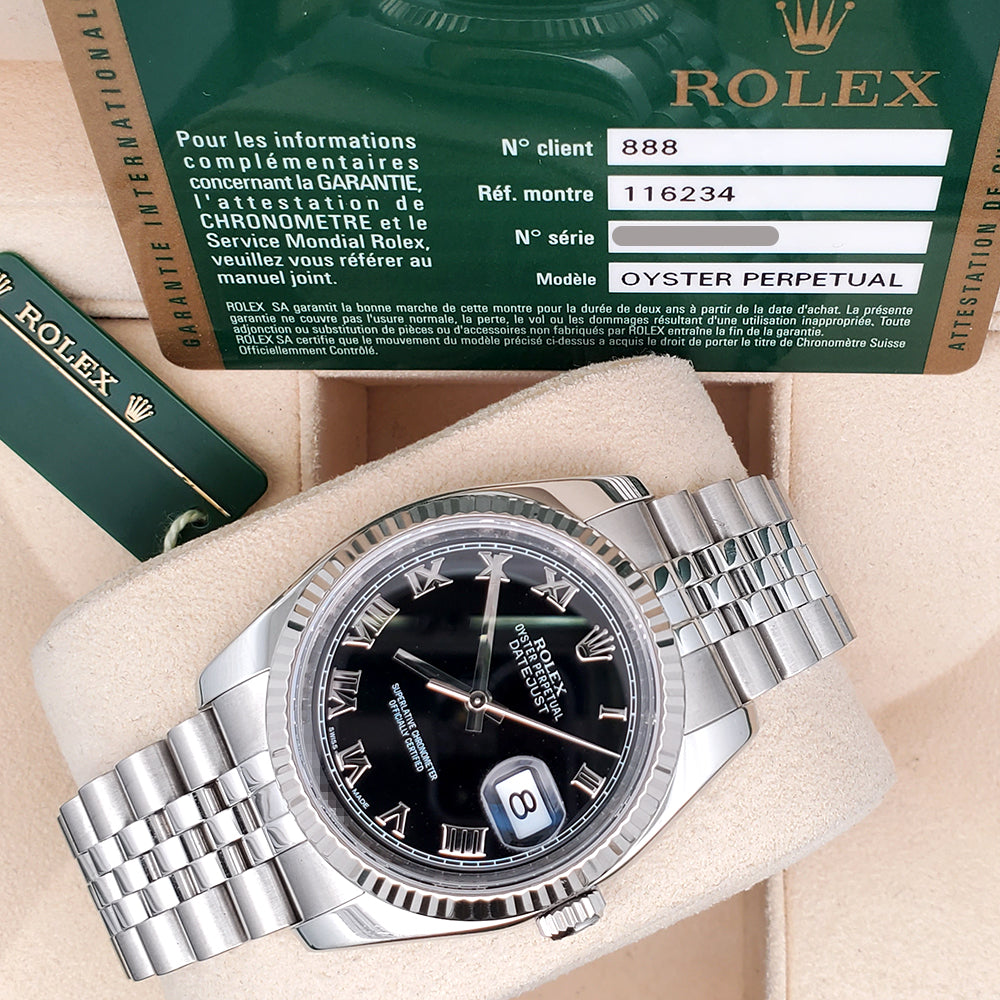 Rolex Datejust 36mm Black Roman Dial White Gold Fluted Bezel Steel Jubilee Watch 116234 Box Papers