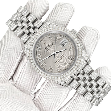 Rolex Datejust 36mm Pave 10.2ct Iced Diamond Silver Concentric Arabic Index Dial Jubilee Watch 116200 Box Papers