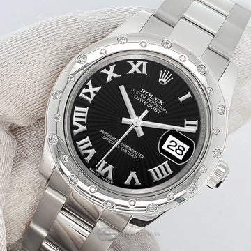 Rolex Datejust Midsize 31mm Black Sunbeam Roman Dial Scattered Diamond Bezel Watch 178240