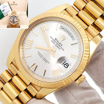 Rolex President Day-Date 40 Yellow Gold  Silver Roman Dial Watch 228238 Box Papers